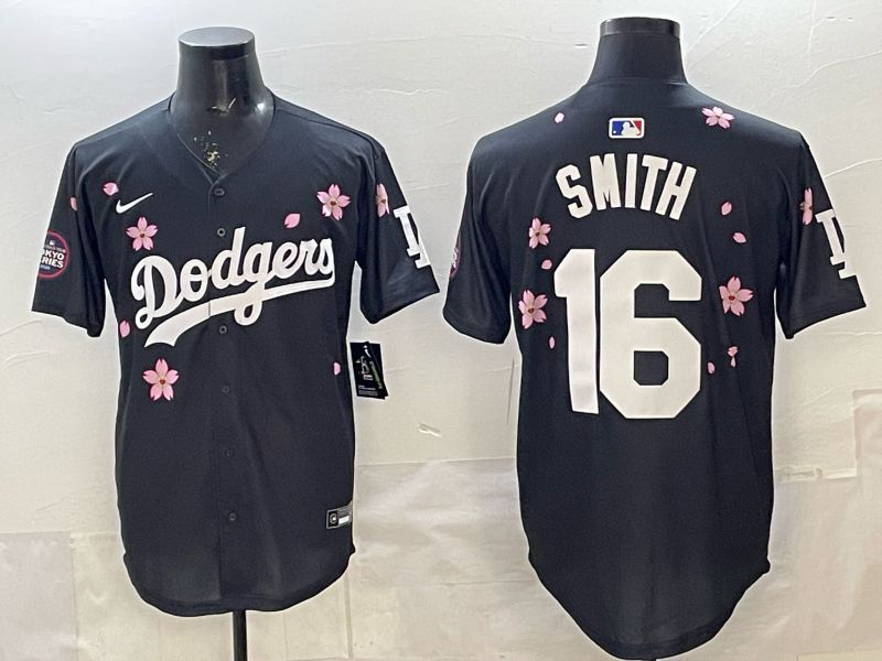 Men Los Angeles Dodgers #16 Smith Black Sakura Edition 2025 Nike MLB Jersey style 1->los angeles dodgers->MLB Jersey